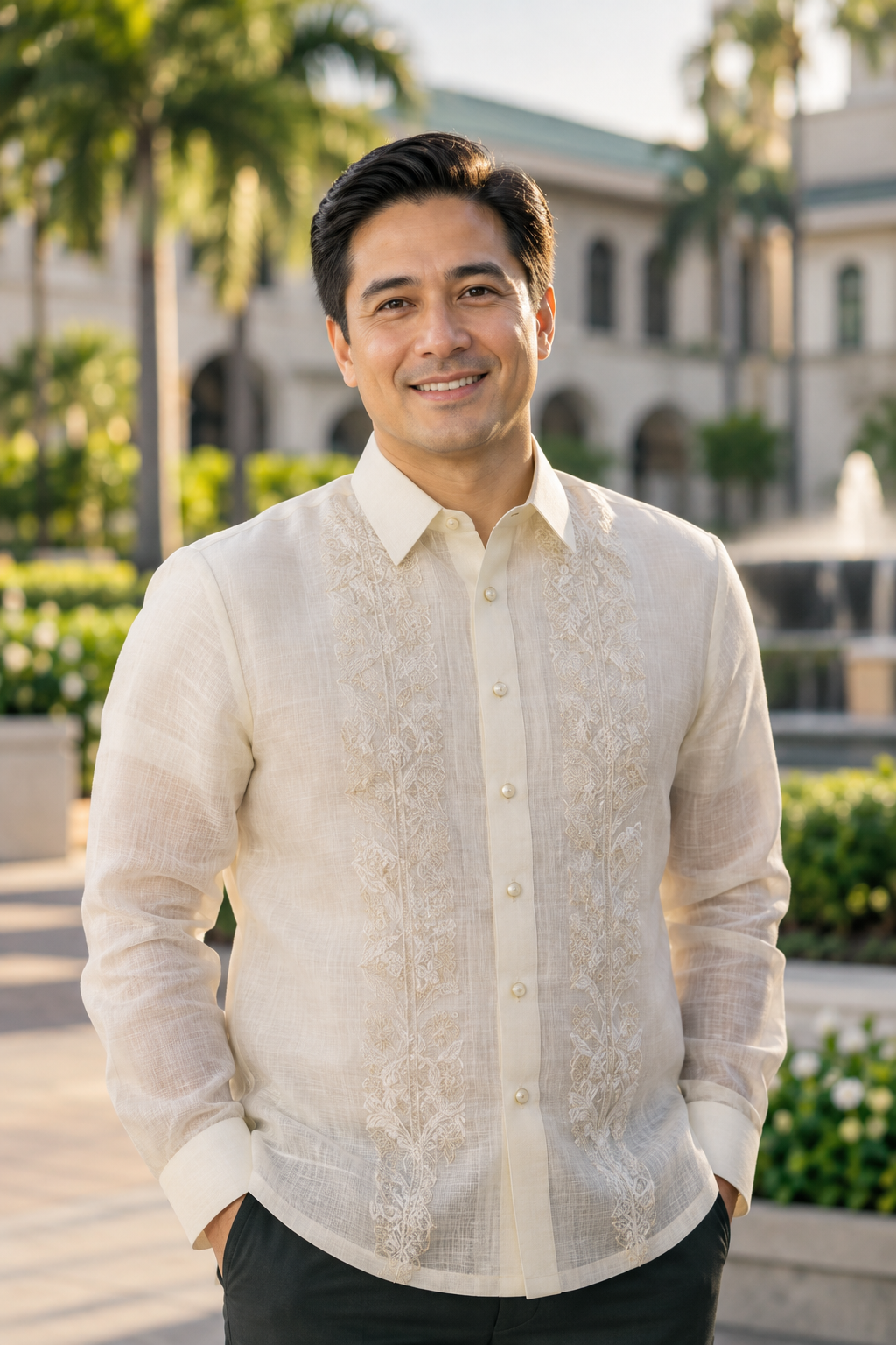 AI-generated portrait ng fictional na Mayor Alex Reyes, nakangiti at nakasuot ng barong Tagalog.